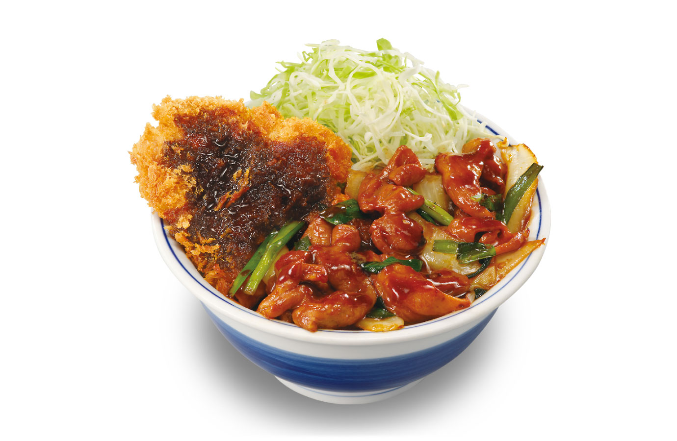 モツ野菜炒めとチキンカツの合い盛り丼