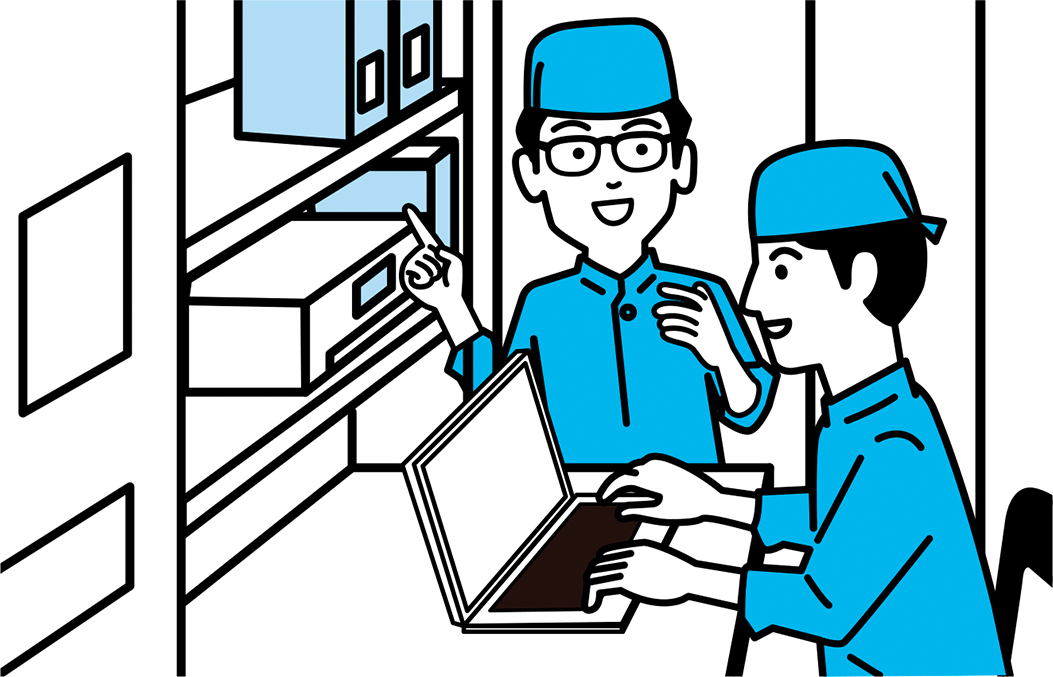 パソコンなどを見ながらの運営業務研修シーンイラスト
